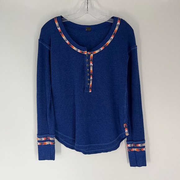 Free People Rainbow Blue Long Sleeve Drop Shoulder Thermal Henley Top Small - Picture 6 of 11